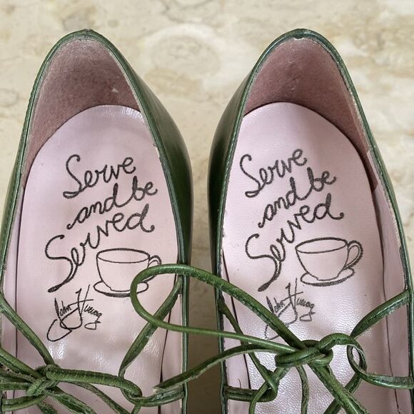 John Fluevog Teapots Darjeeling Leather Pumps Heels Olive Green - Picture 11 of 15